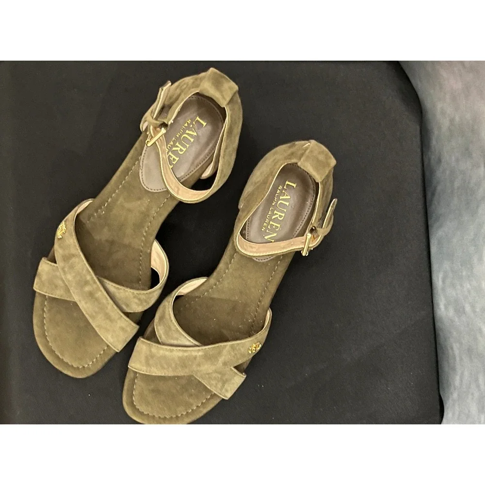 Lauren Ralph Lauren Green‎ Suede Wedge Sandals Ankle Strap Summer Shoes